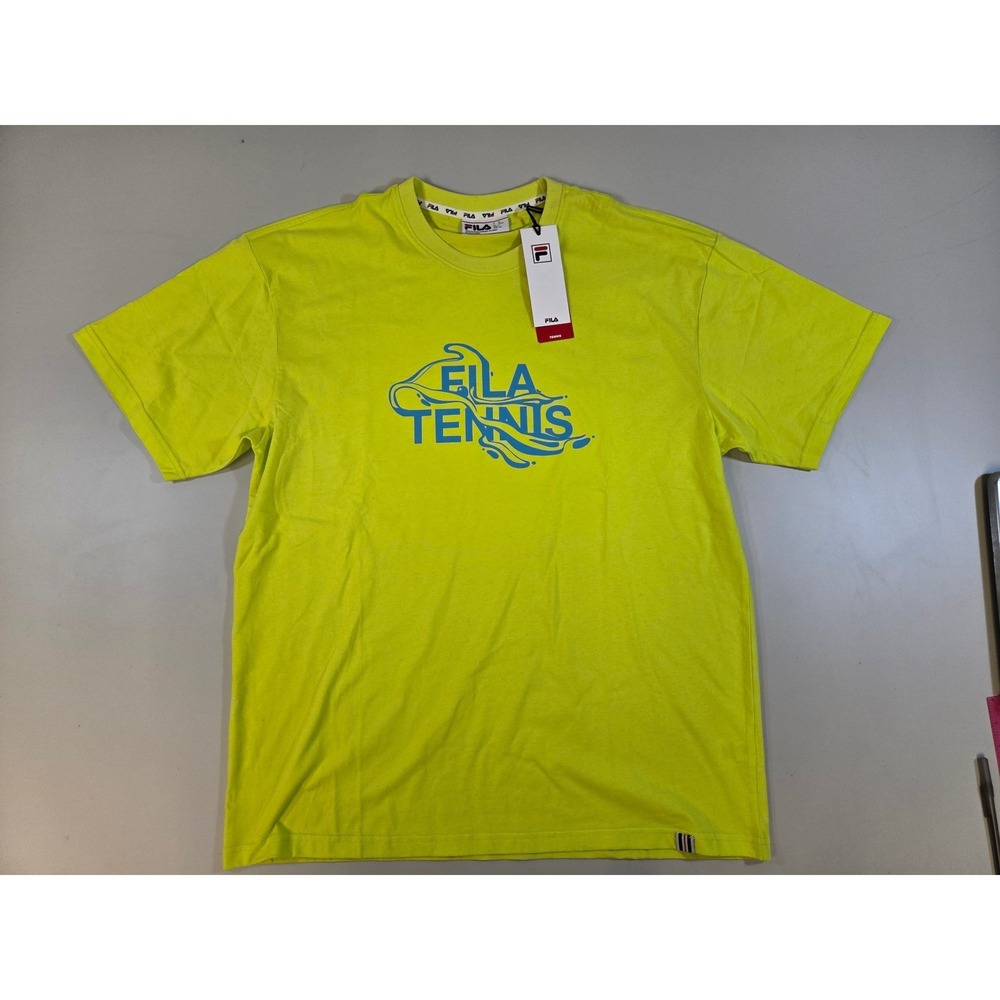 Fila Tennis‎ Mens Graphic T-Shirt Neon Lime Blue Logo Tee LG NWT SPOTS ON BACK